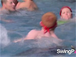 crazy redheads have fun with different without bra girls by the pool
